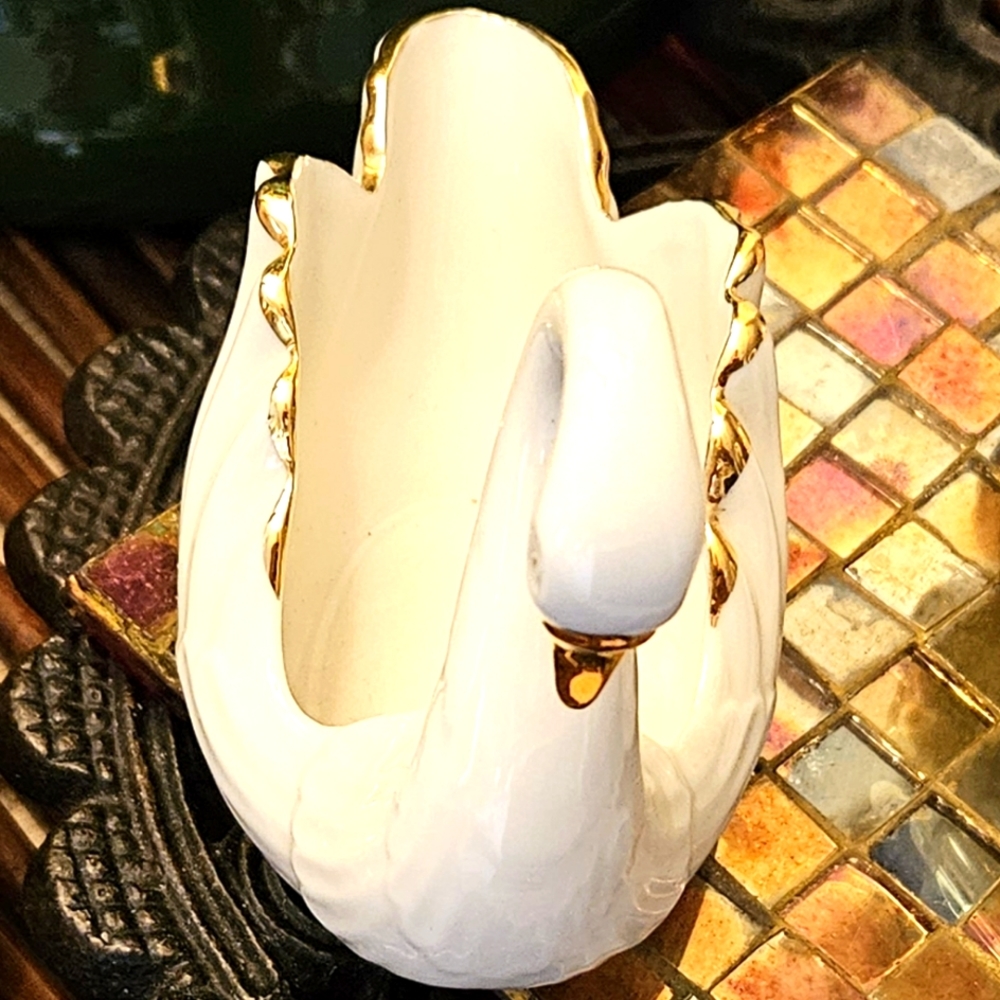 2 Lenox Small Swan Figurine Gold Rim Trinket Vintage 3.5"L x 1.5"w x  2 3/4" h